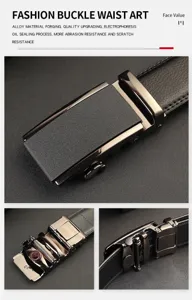 Close-up detail of a men's business leather belt with high-quality alloy automatic buckle