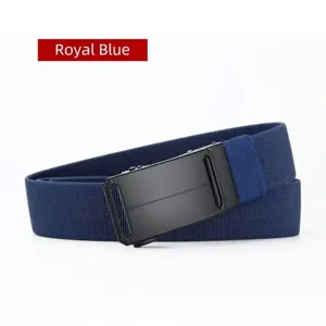 Detail view of royal blue high elastic nylon tactical belt with black automatic buckle