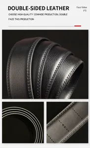 Close-up of black cowhide belt showing double-sided leather texture and stitching