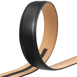 Detail view of black carbon fiber pattern belt strap with tan interior