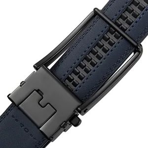 Detailed close-up of a matte black automatic buckle on a navy blue leather belt.