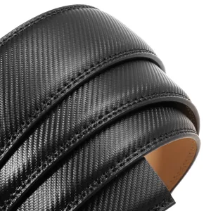 Macro detail view showing the cross-hatch texture of a black automatic belt strap