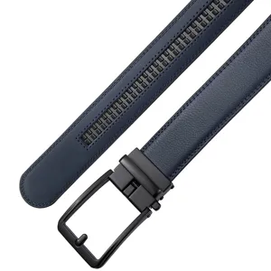 Detailed view of navy blue leather belt with black automatic buckle and grain texture