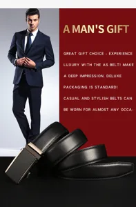 Close-up of a premium black leather belt with an automatic buckle and business suit styling