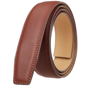 Close-up detail of a brown textured leather automatic belt strap without buckle