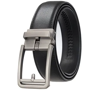 Detailed macro view of men's black leather belt with brushed metal automatic buckle.