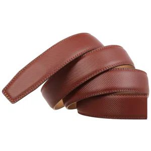 Close-up detail of a men's brown textured leather belt strap without buckle 3.5cm wide