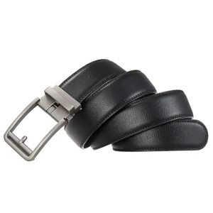Close-up detail of men's black leather belt featuring a gunmetal automatic buckle system