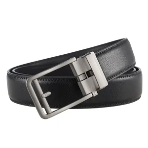 Detailed shot of men's black leather belt with matte gray automatic buckle
