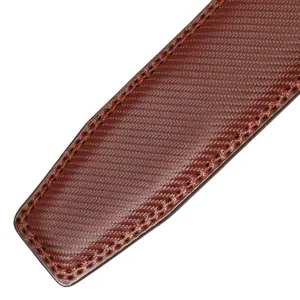 Macro view of brown textured leather belt strap showing herringbone pattern and stitching