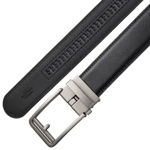 Detailed view of a men's black leather belt featuring a matte silver automatic buckle