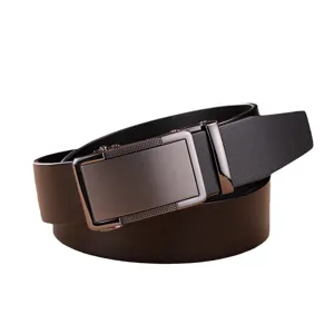 Premium men's brown leather business belt with a sleek automatic metal buckle design