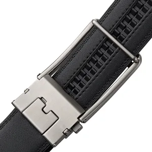 Macro view of men's automatic leather belt buckle with high-quality brushed metal finish