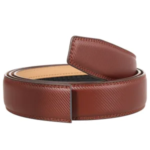 Detailed close-up view of a brown textured men's automatic belt strap without buckle