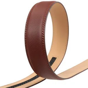 Detailed view of brown textured leather automatic belt strap showing ratchet track