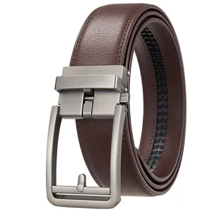 Detailed view of men's brown leather belt featuring a sleek silver automatic buckle