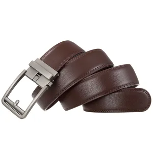 Detailed view of a dark brown men's leather belt with a sleek metal automatic buckle.