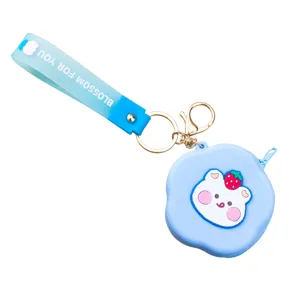 Cute blue flower silicone coin purse with cartoon bear pattern and wrist strap keychain
