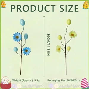 Detailed specifications of Easter egg and daisy stems for festive table decoration
