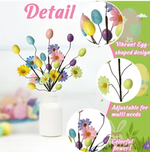 Detailed view of colorful Easter egg and daisy stems for holiday table decor