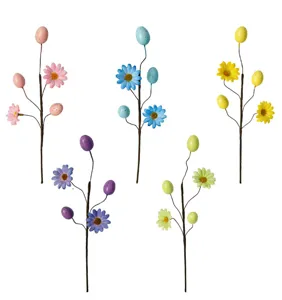 Set of five colorful Easter egg and daisy floral picks for home party table decor