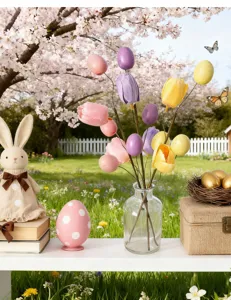 Close-up of Easter tulip and foam egg decorative branches in a clear vase