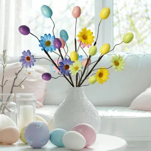 Colorful Easter egg and daisy floral branches for festive holiday table centerpiece