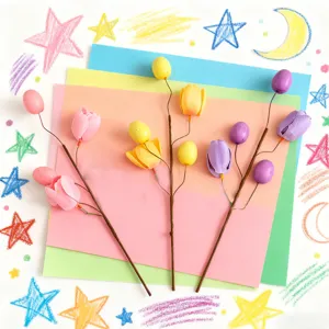Handmade Easter tulip branches with colorful speckled eggs for home decoration
