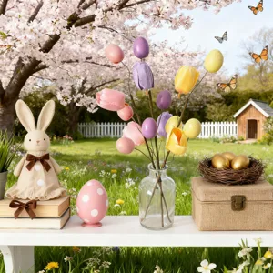 Colorful Easter tulip egg branches in glass vase for festive garden home decoration