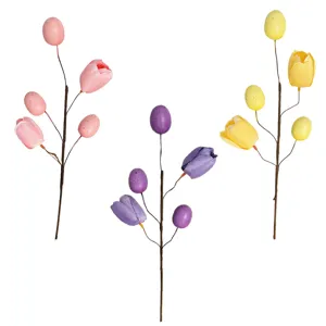 Artificial Easter tulip branches with colorful speckled eggs for indoor vase decoration