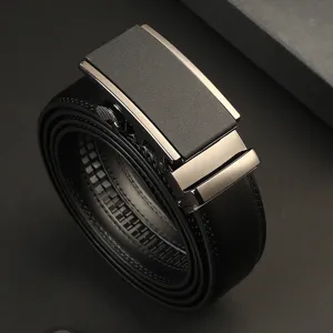 Men Business Casual Ratchet Belt Automatic Buckle Split Cowhide Leather Embossed Belt For Office Daily Wear Classic Black Belt