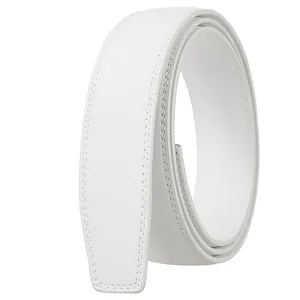 Detailed view of white men's automatic belt strap with diagonal textured pattern