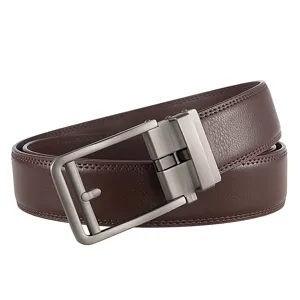 Detail shot of a brown leather men's belt featuring a brushed silver square buckle