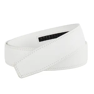 Macro view of white textured automatic belt strap with durable double stitching detail