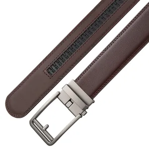 Detailed view of brown split cowhide leather belt with automatic ratchet buckle