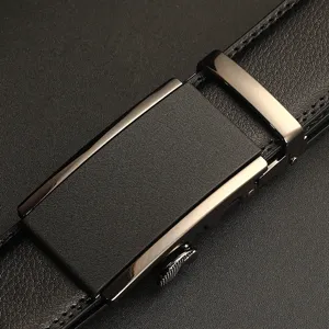 Premium black men's automatic buckle leather belt with detailed embossed textured finish