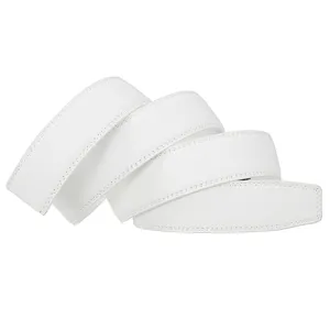 Detail view of white leather automatic belt strap with fine textured grain and stitching