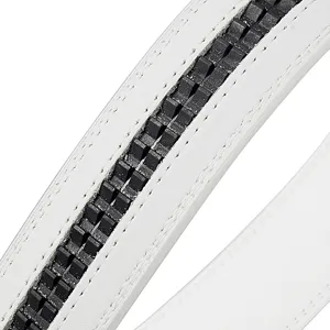 Detailed macro view of white leather automatic belt strap showing black rubberized ratchet track