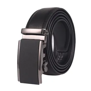High-quality men's black leather belt with a sleek automatic buckle on white background