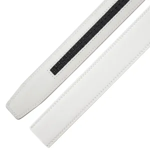 Close-up of white leather automatic belt strap with black track and stitching