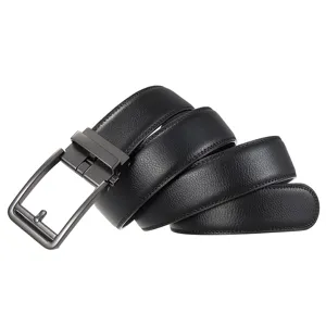 High-quality detail of black cowhide leather belt with a gunmetal automatic buckle