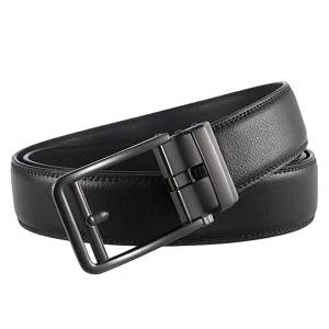 Premium black leather belt for men featuring a gunmetal gray automatic pin buckle design