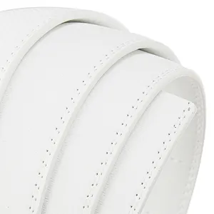Close-up detail of white automatic belt strap showing fine texture and stitching