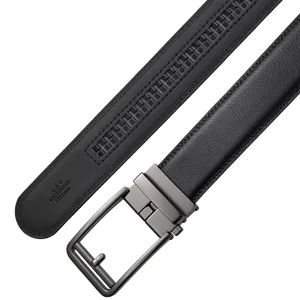 Macro detail of a sleek gunmetal automatic buckle on a black textured leather belt