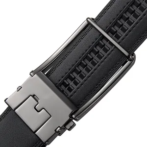 Close-up of men's black leather belt with automatic buckle and ratchet track mechanism