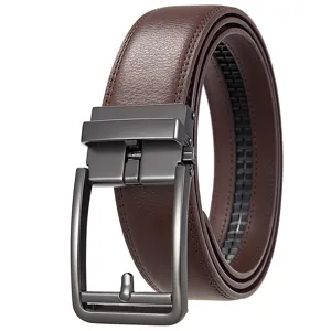 Close-up detail of a brown leather belt featuring a dark metal automatic buckle