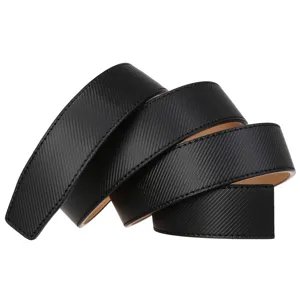 Macro detail of black textured automatic belt strap with cross-hatch pattern for men