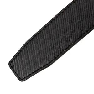 Detailed view of black belt strap with carbon fiber texture and stitching