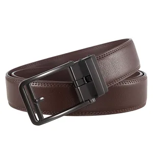 Men's brown leather belt with black automatic buckle and classic faux pin buckle design