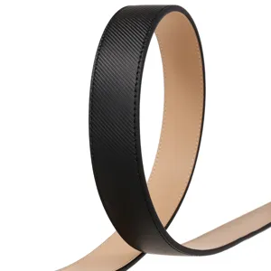 Detail of black textured men's automatic belt strap with beige lining and stitching